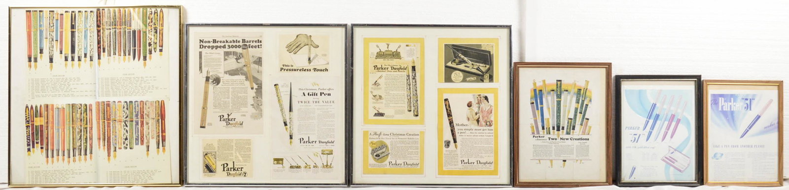 Framed Fountain Pen Advertisements (6): Lot of 6 framed advertisements includes framed guide to Parker-Sheaffers Watermans and Wahls, framed several Parker pieces, framed Parker advertisements.