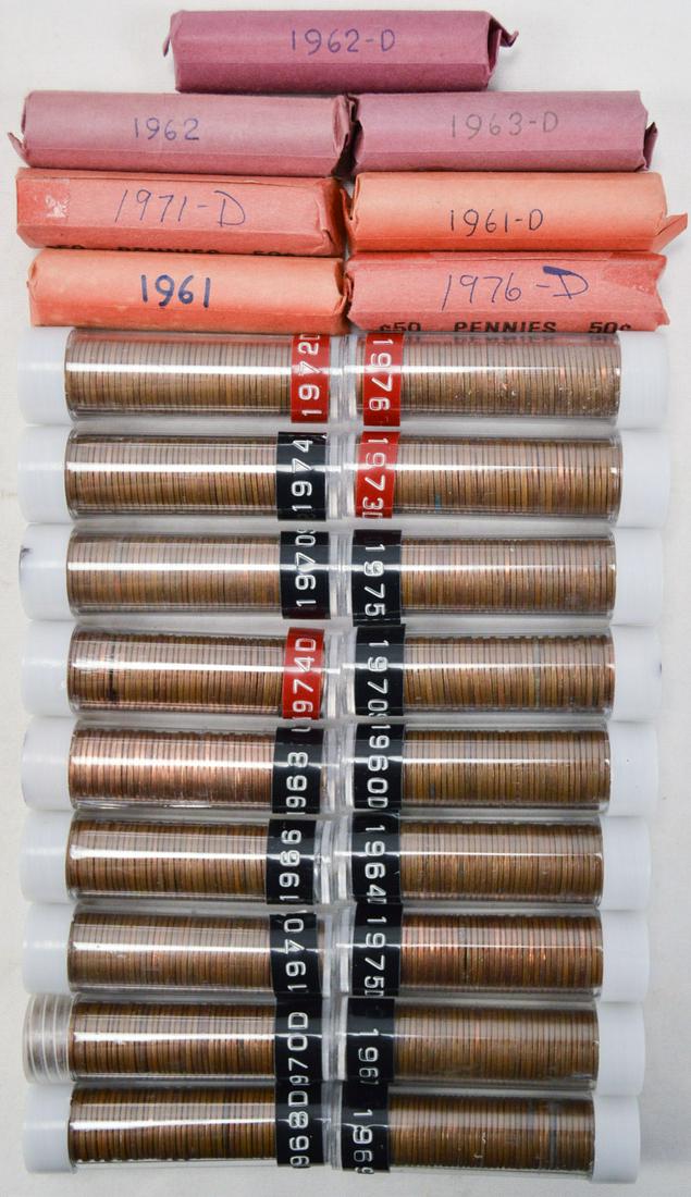 Lot of 25 Rolls of Pennies 1960-1976: Lot of 25 rolls of 50 pennies, includes 1960D, 1961, 1961D, 1962, 1962D, 1963, 1963D, 1964D, 1966, 1967, 1968D, 1969D, 1970, 1970D, two 1970S, 1971D, 1972D, 1973D, 1974, 1974D, 1975, 1975D, 1976, 1976