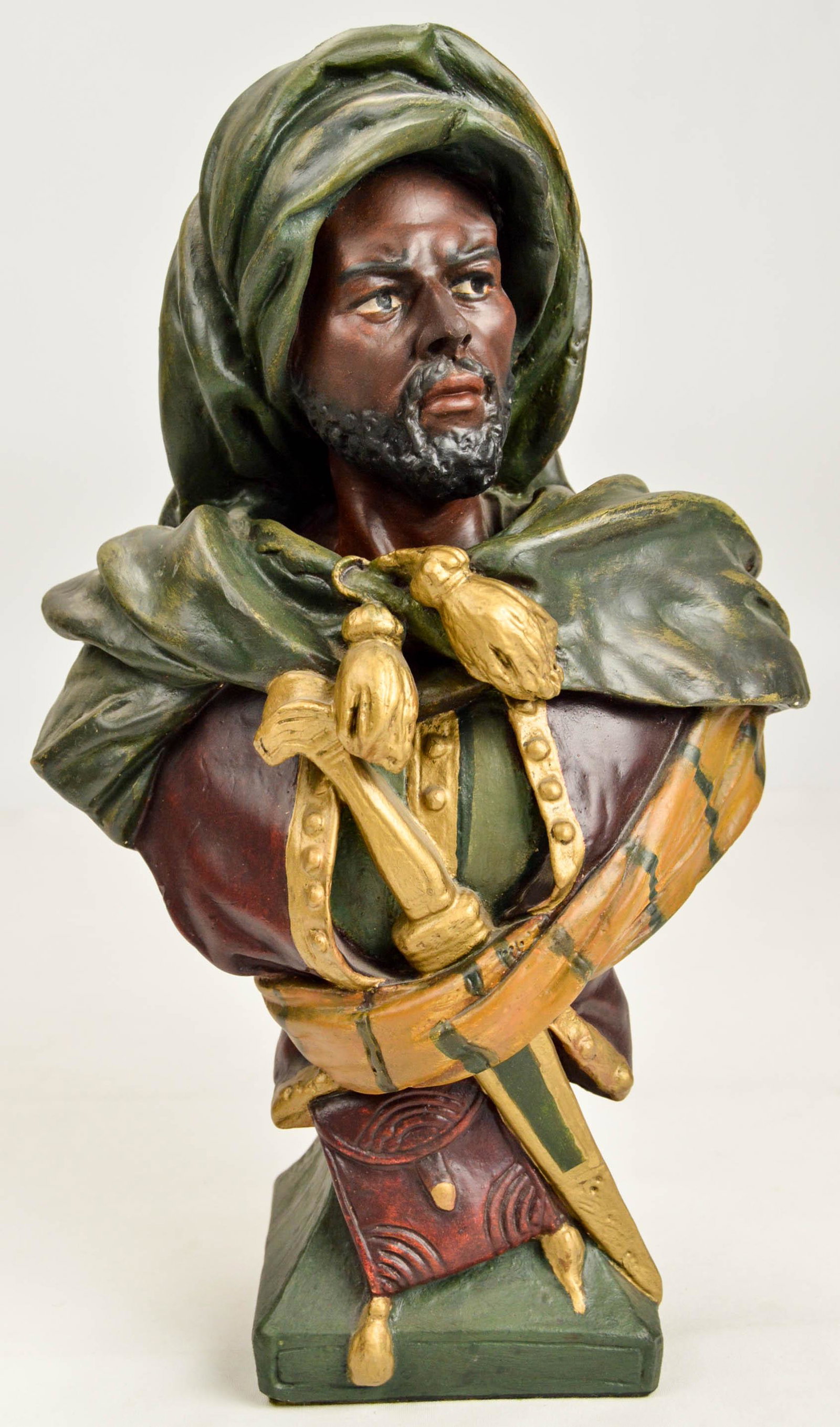 Arabic Man Bust Statue: Bust of an Arabic man. Side is carved with the artist's signature but is hard to read. Overall good condition. See photos. Measures 14" tall by 9.5" wide.