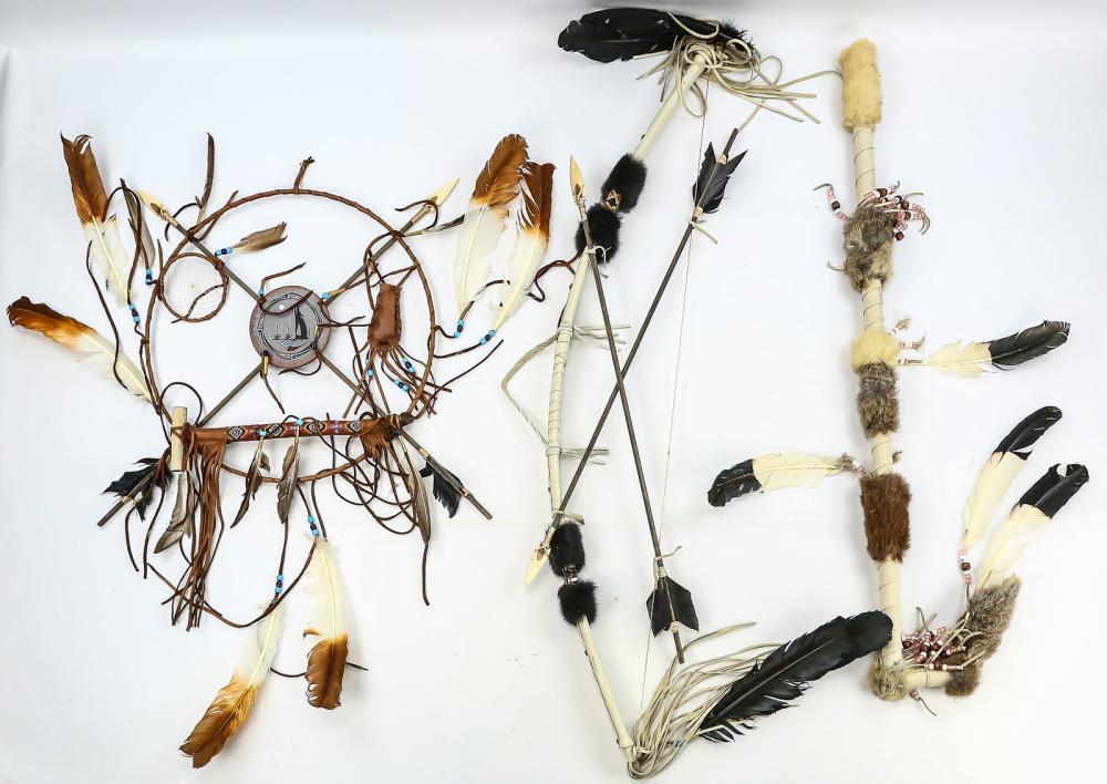 Lot of Native American Display Items: Included in this lot is a dream catcher, a walking stick, and a bow. All are modern reproduction and intended as display only. All are in good condition. See photos.