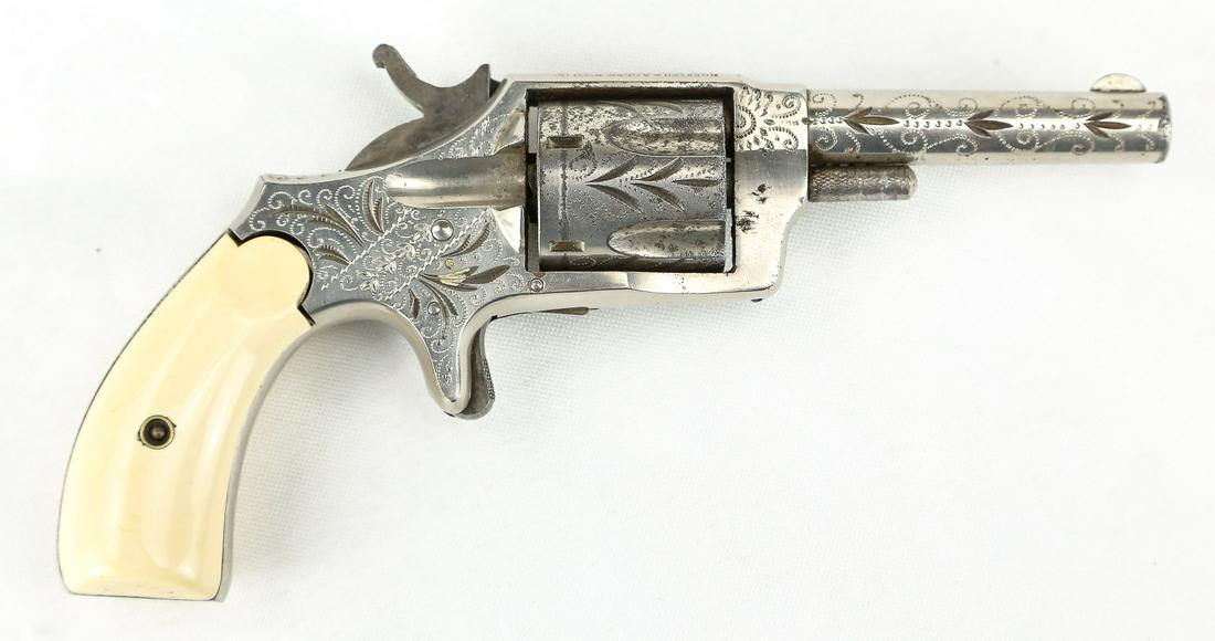 Hopkins & Allen .32 Caliber Rimfire Blue Jacket #2: Heavily engraved with patina and marks. Minor scratches on grip. Fair to good condition. SN: N/A