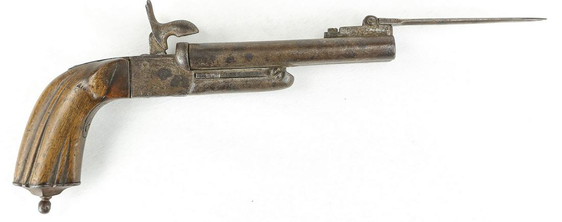 Spanish Pin Fired Double Barrel Pistol w/ Bayonet: Spanish made double barrel pistol with folding bayonet on the top. Unknown caliber. Triggers fold down when hammers are cocked and fold up after releasing the hammer. Barrels are rusted and the finish
