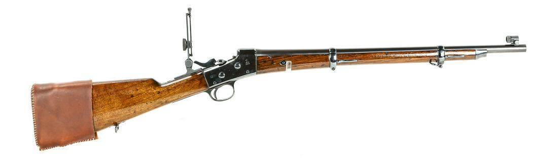 Argentine M1879 Rolling Block Rifle .43 Spanish: Breech is marked "AR.O/1879" on right side. Rifle has been reblued and the stock has been refinished. Rifle has been shortened and has Schutzen rear and front sights. Bore is shiny with pronounced 6 g