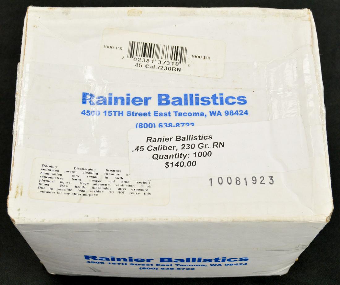 1000 .45 Caliber Bullets: Box of approximately 1000 .45 caliber bullets, 230 gr, Ranier Ballistics.