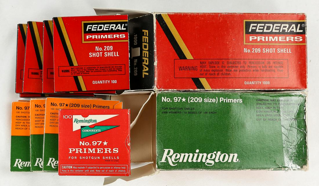 2000 Size 209 Shotgun Primers: One box of Remington and 1 box of Federal, each containing 1000 primers. Both boxes are full. Hazmat shipping. See photos.