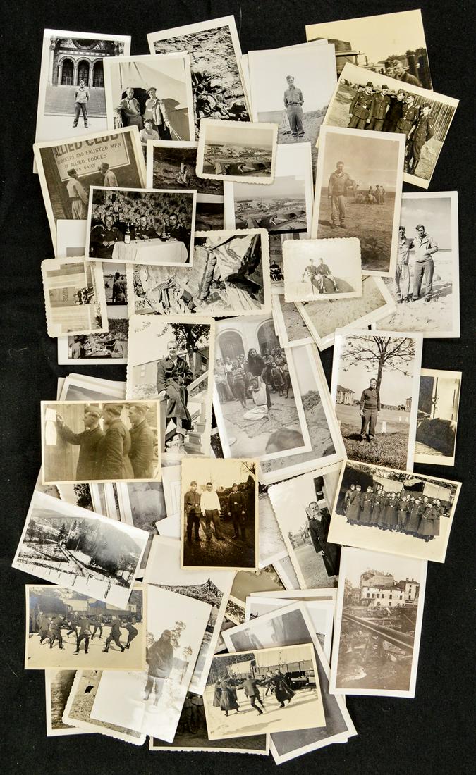 92 WWII German and US Post Photos: Lot of approximately 92 photos of post WWII German and American soldiers. Photos depict soldiers posing, celebrating, daily activities and more. All are in good condition.