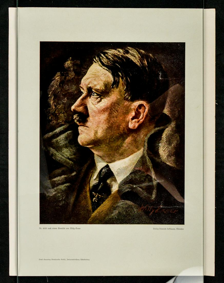 WWII German Hitler Poster: A poster featuring an illustration of Adolf Hitler. Underneath the ilustration, the poster reads "Nr. 6059 nach einem Gemalde von Willy Exner", "Verlag Heinrich Hoffmann, Munchen", and "Drucf: Gauverl