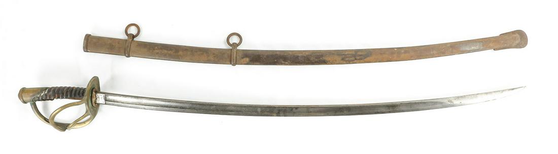 Enlisted Man's Light Cavalry Saber Model 1860: Model 1860. Marked US --- 1864 --- AGM in 3 separate locations. Full medal scabbard. Obverse reads "C. Roby, E. Chelmsford, Massachusetts Roby, C., & Co.". Sword cutters, West Chelmsford Mass. to 1863