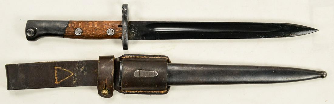 Yugo Mauser Bayonet and Scabbard: Yugo Mauser bayonet with scabbard and leather frog. Knife is in very good condition and scabbard is as well. Leather frog is still flexible. Serial numbers for knife are 83626 and scabbard is 27215. S