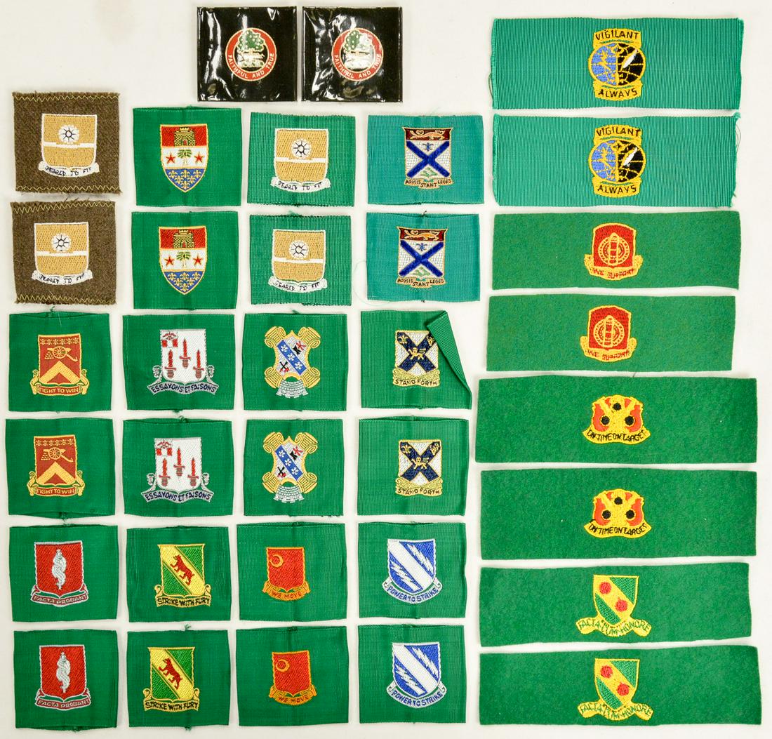 Post WWII US Army Leadership Tabs: Leadership tabs were green tabs that some soldiers were allowed to wear on their shoulders that signified they were in a leadership position, although technically not. Lot includes 2 black, 2 brown, 2