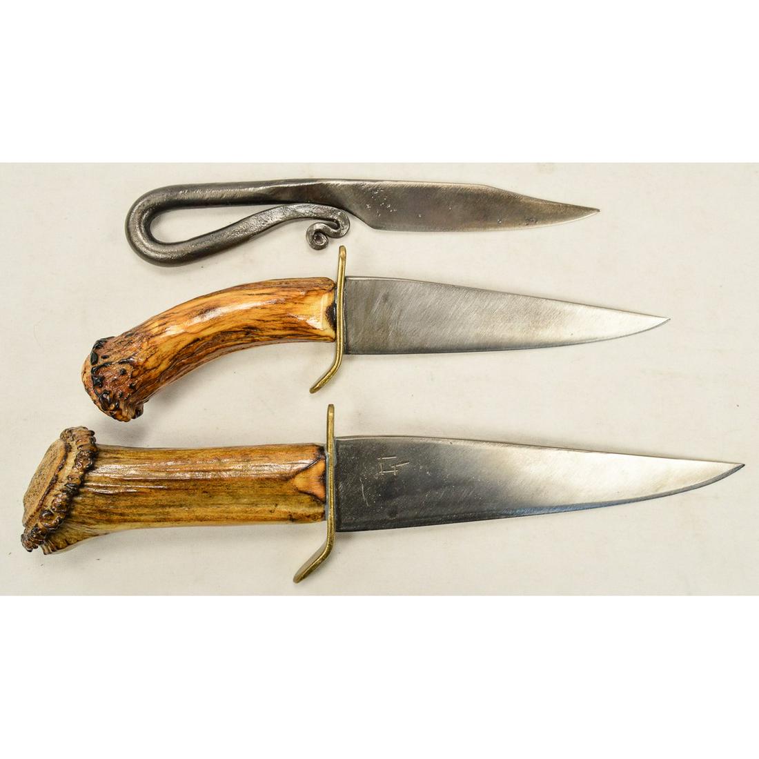 Custom Forged Antler Knife Set: 3 custom forged knives with deer antler grips. Excellent condition. See photos.