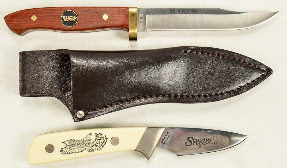 Lot of 2 Buck and Shrade Commemorative Knives: Lot of 2 commemorative knives made by Buck and Schrade with their original boxes. Schrade Scrimshaw comes with knife and leather sheath and is like new. Side of the box is marked "SC 509". Buck "The B