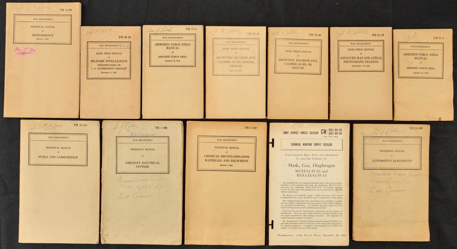 12 WW II Tech Manuals: Lot includes FM 30-30 Military Intelligence of U.S. Govt Aircraft 19 42 FM 17-5 Armored Force Drill 1942 FM 17-5 Armored Force Drill 1942 FM 21-26 Advanced Map & Aerial Photo Reading 1941 FM 23-60 Bro