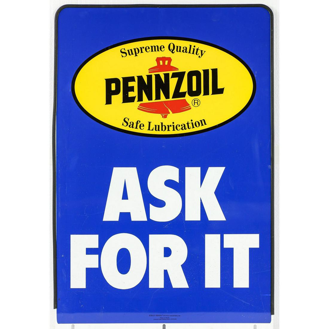 Pennzoil "Ask For It" Double Sided Sign: A double sided, tin Pennzoil sign with the Pennzoil emblem and the words "Ask For It" in white. Blue background has some minor wear and staining. Bottom of sign has three slots for mounting on a stand