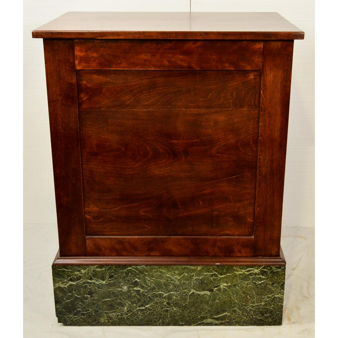 Cash Register Base Counter: Nice restored base for a cash register and can also be used as a counter. Dark stained birch paneled on 3 sides with open back.. Has a 10" high green marble base on 3 sides. Measures 41.5" tall, 33" w