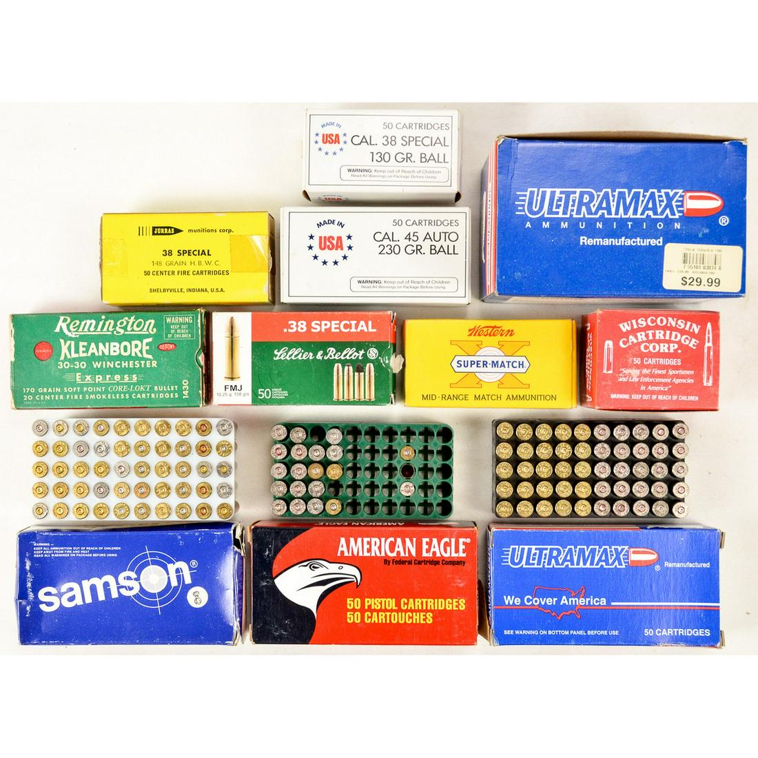 Lot of Various Pistol Spent Cases: Lot contains a large box of .38 Special spent cases, 5 50 round boxes of .38 Special cases, 2 trays of .38 Special cases, 6 boxes of .45 ACP cases, and 1 box of .30-30 cases. Not all boxes are full. S