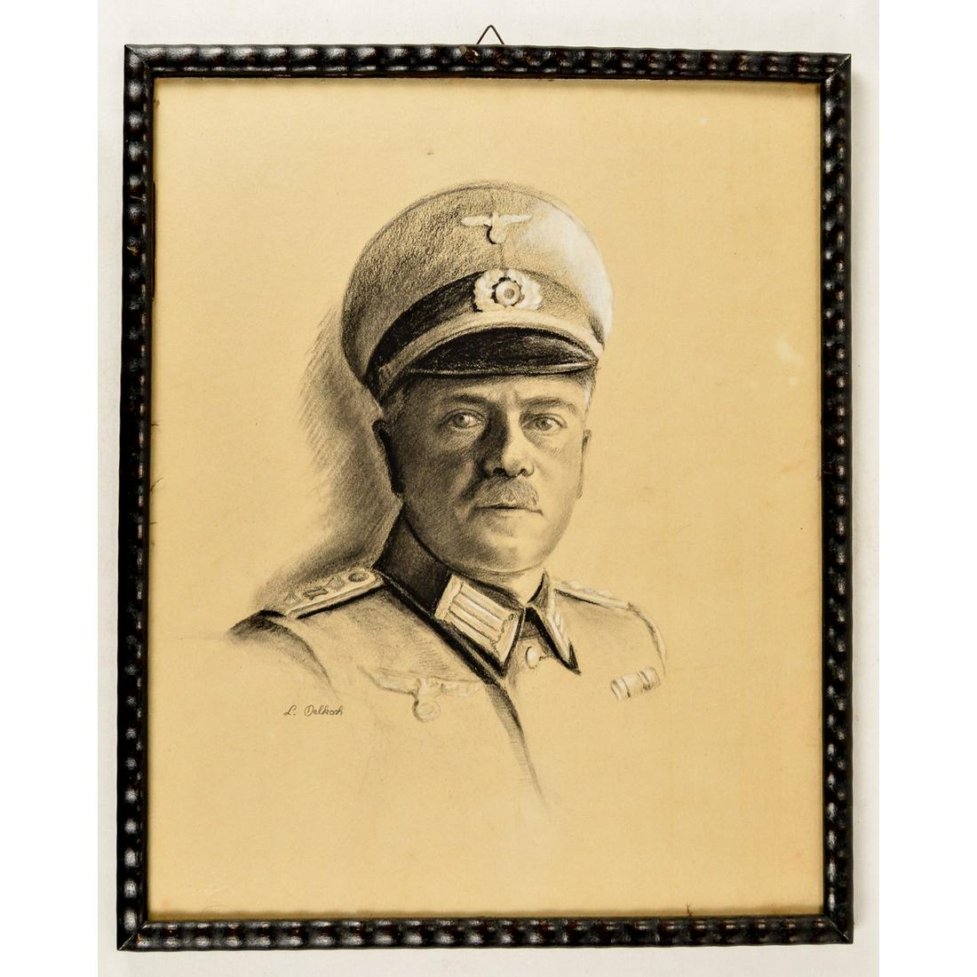 WWII German Pencil Artwork of Army General: Measures 17" x 22". Original period frame. Excellent condition.