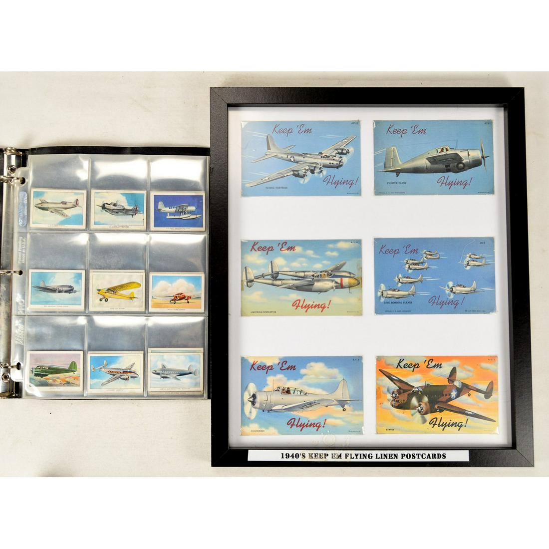 1940's Keep Em' Flying Postcards & Wings Cards: This lot contains 6 framed 1940's Keep Em' Flying Linen Postcards. Additionally it contains a collection of 62 Wings Cigarette collecting cards. Various planes and aviation vehicles of the time are im