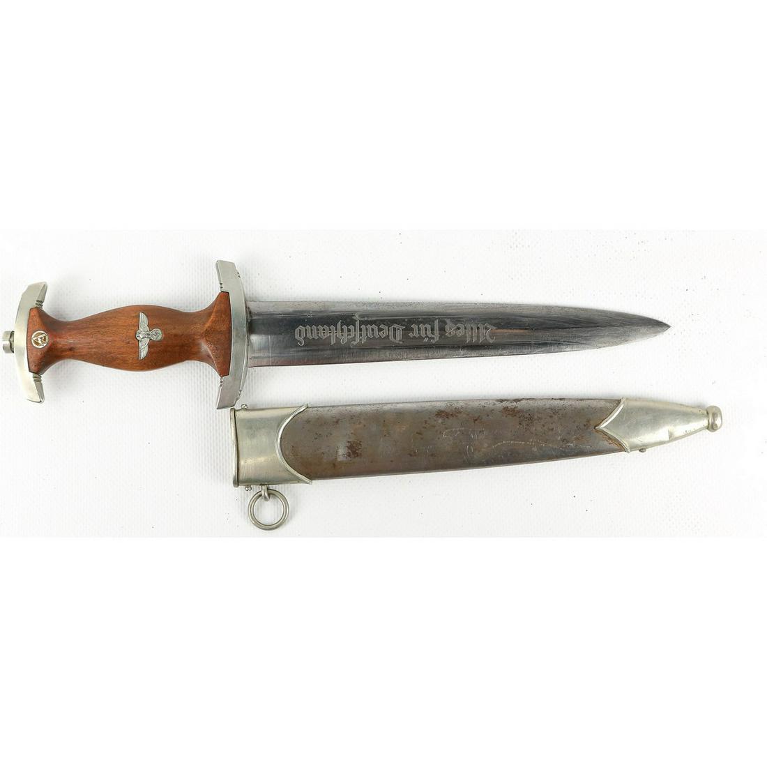 WWII German SA Dagger: Number 5 on the McSARR Rarity List, 10 is the rarest. Maker is Carl Schmidt Sohn Solingen. Blade is in good to very good condition with some minor scratches and no nicks in edge. Tip is sharp and poin