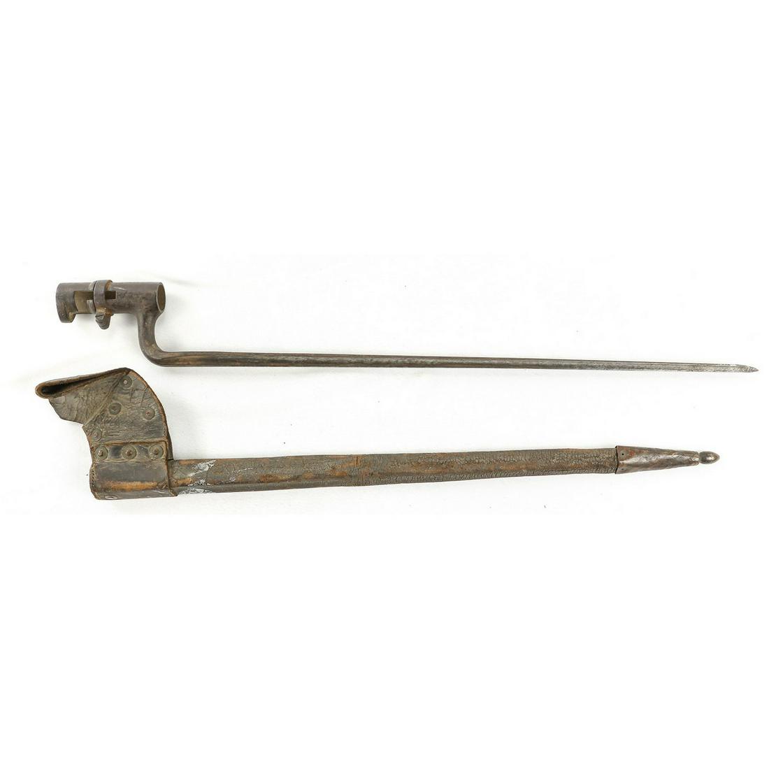 US 1855 Civil War Socket Bayonet: 3" socket and 21" overall. Stamped "US" on blade. Blade is mostly bright, socket and ricasso are age rusted. Scabbard and integral frog are old cracking leather. Frog has 8 rivets. Unusual to even fin