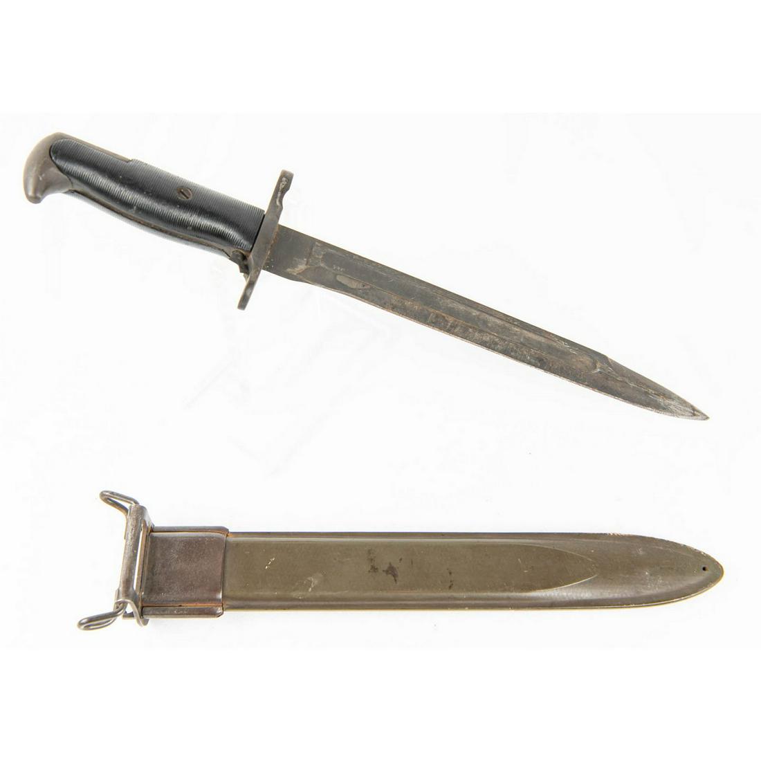 WWII US M1 Garand Bayonet: 9.5" blade with 2.25" false edge. Made by U.C(Utica Cutlery). Overall very good condition and will clean up nicely for display. See photos.