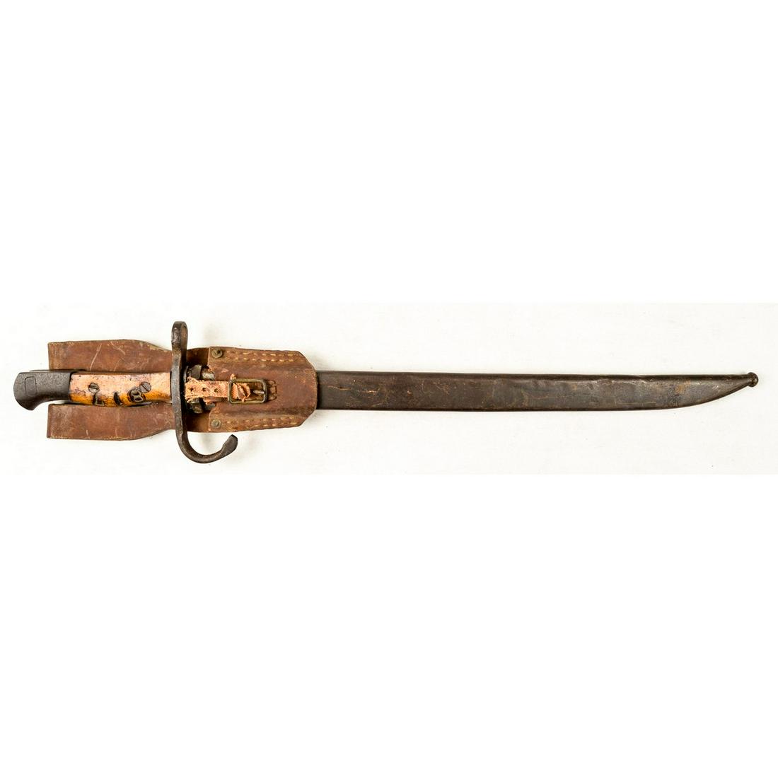 WWII Japanese Type 30 Trainer Bayonet: A Type 30 training bayonet with unmarked ricasso and rounded edge on blade. Bright blade has oxidation present throughout. Hooked quillon. Wood grips are in good condition and are numbered "817" on ri