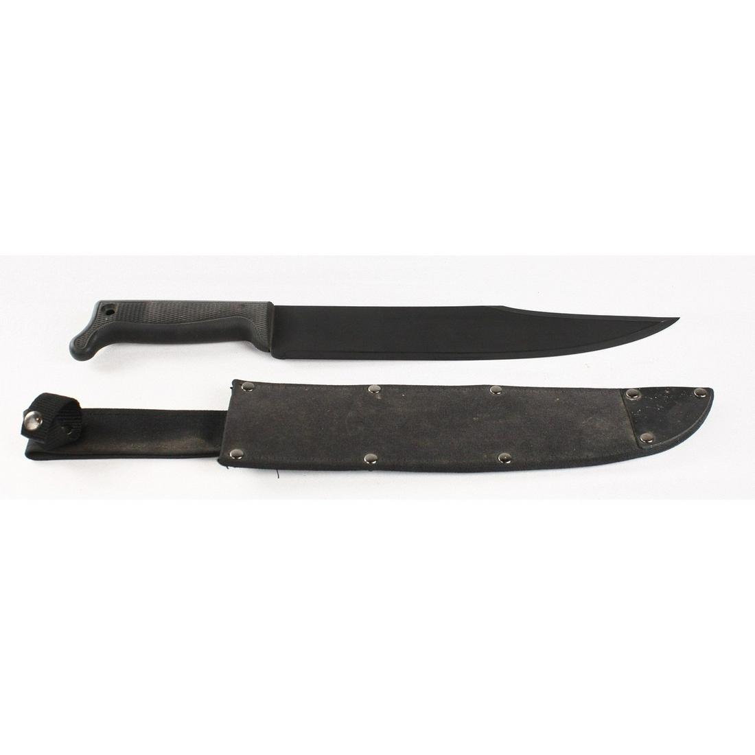 Cold Steel Bowie Machete: The Cold Steel Bowie Machete features a 12 inch 1055 carbon steel clip point style blade. To help with rust resistance it has a baked on black matte finish, and the Bowie Machete comes complete with a