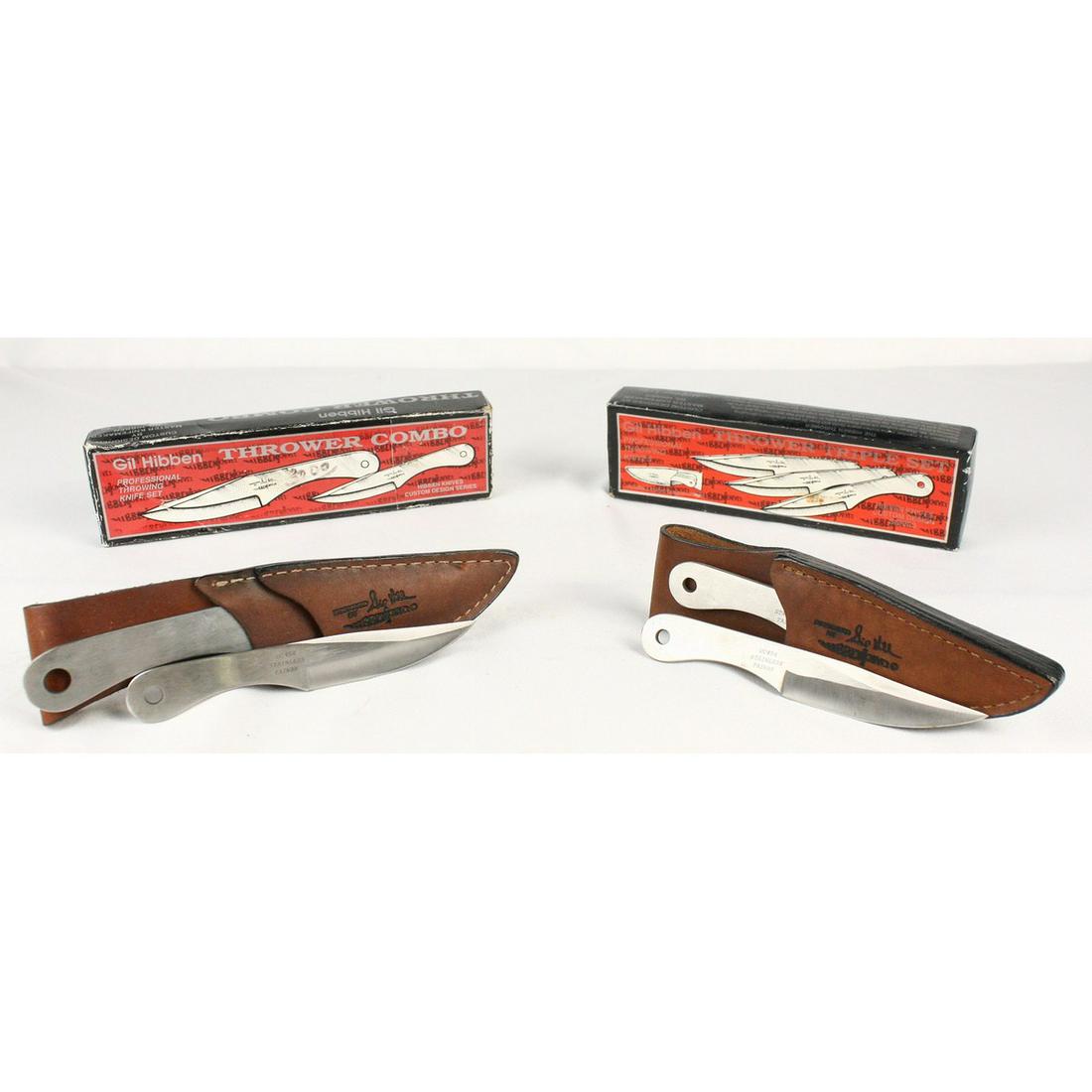 Lot of Hibben Throwing Knives: This lot includes the Hibben Thrower Combo knife set, and the Thrower Triple Set. All knives are in good condition, minor spotted rust here and there, some scuffing, blades are sharp. Knives come with
