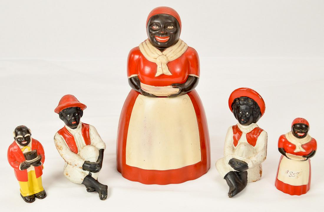 Black Americana Cookie Jar, S&P Shakers, CI Banks: This lot contains a set of Black Americana Salt and Pepper Shakers: 1940 vintage F&F Mold &Die Dayton, Ohio - made in USA hard plastic 5 inches tall. Uncle Moses and Aunt Jemima. Both in good used con