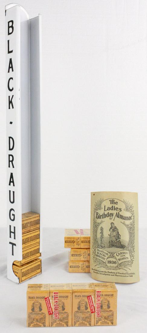 Antique Country Store Black Draught and Dispenser: Vintage thick porcelain over pin wall hanging pack dispenser and a full case of 4 dozen other cases. All in very good condition. 24"T x 3"W x 1.75"D.