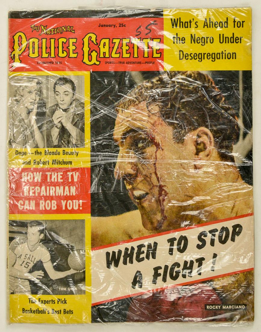 January 1955 National Police Gazette Magazine: 39+ pages. Features articles on the Robert Mitchum drug bust, Boxer Marciano, and other strange articles of interest. See photos.