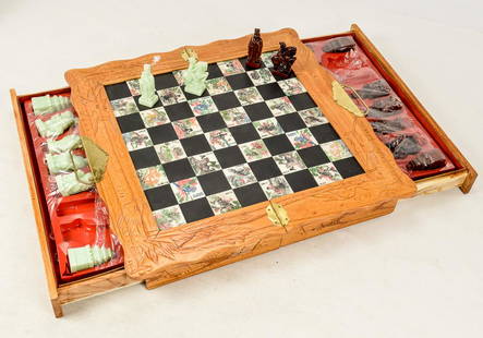 Eight Fairies Chess Board: A boxed Eight Fairies chess set and board. Hand carved wooden chess board and soapstone & sou shan stone chess men. Complete set. See photos.