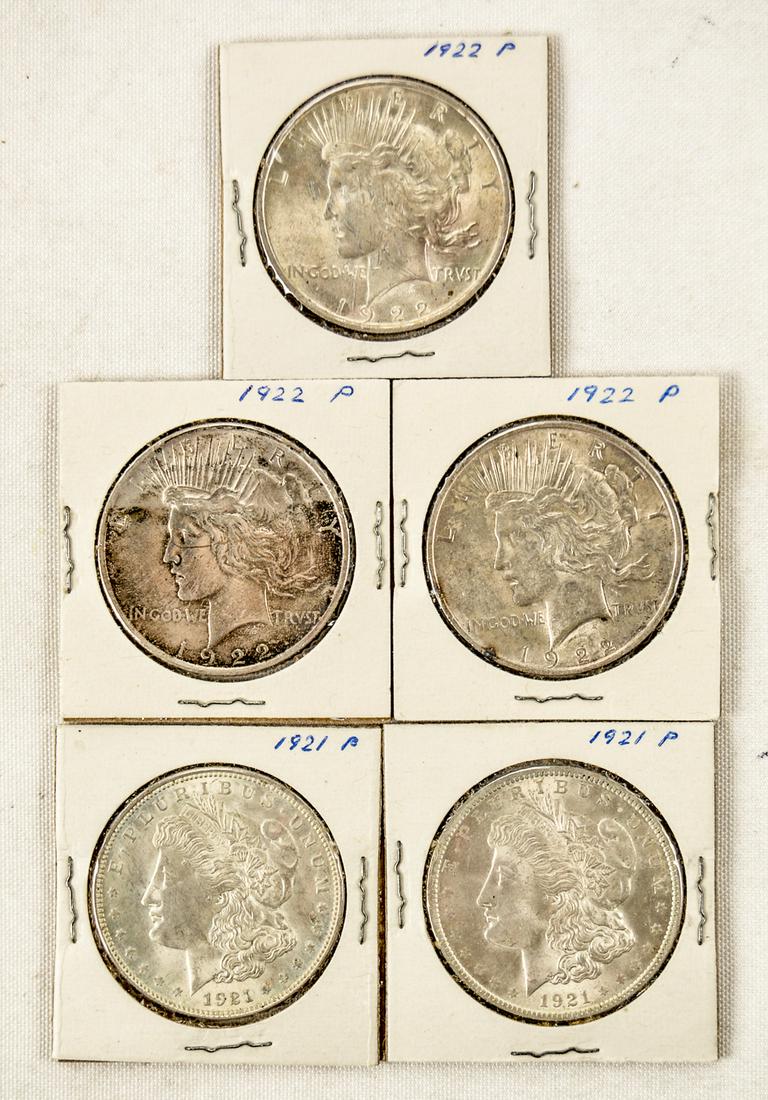 Lot of 5 American Silver Peace Dollars: Various years and mints. See photos.