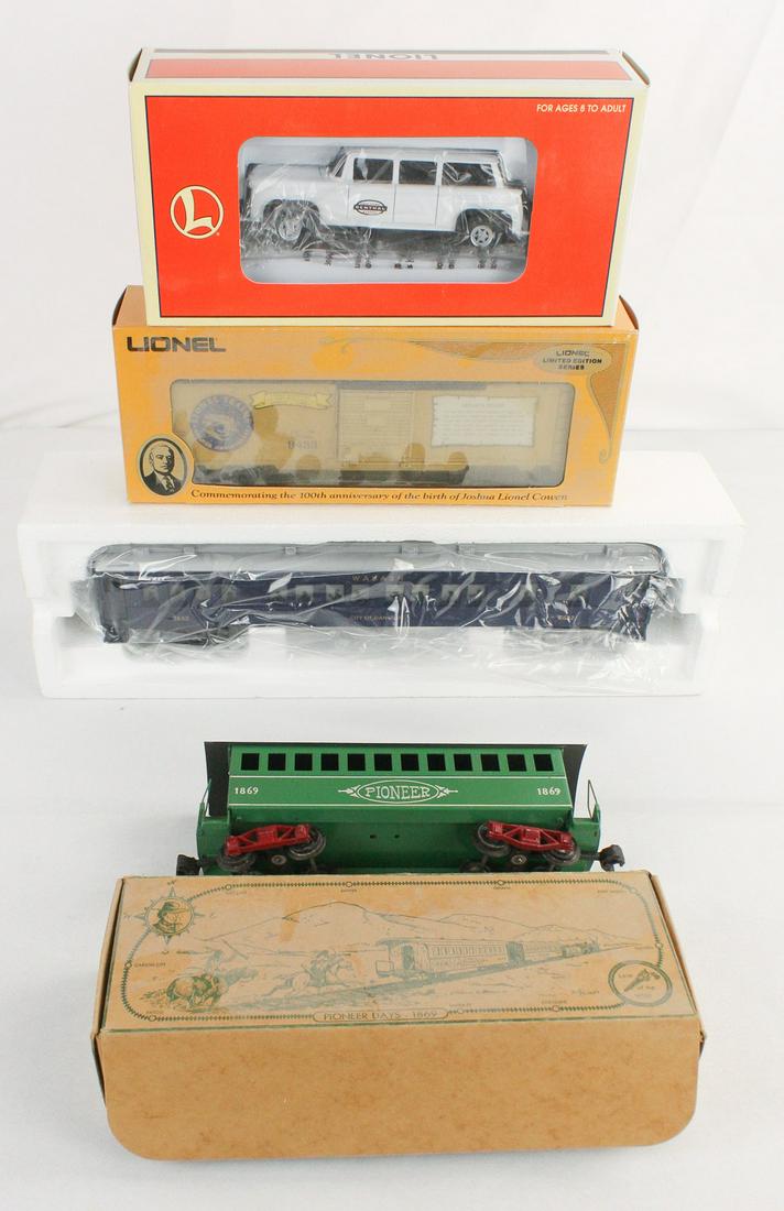 Lot of 4 Lionel Model Train Cars: Lot contains a Lionel 2632 City of Danville coach, a Lionel 100th Anniversary of Joshua Lionel Cowen Golden Years box car, a Lionel NYC crew car, and a Thomas "O" gauge tinplate 1869 coach. All are in