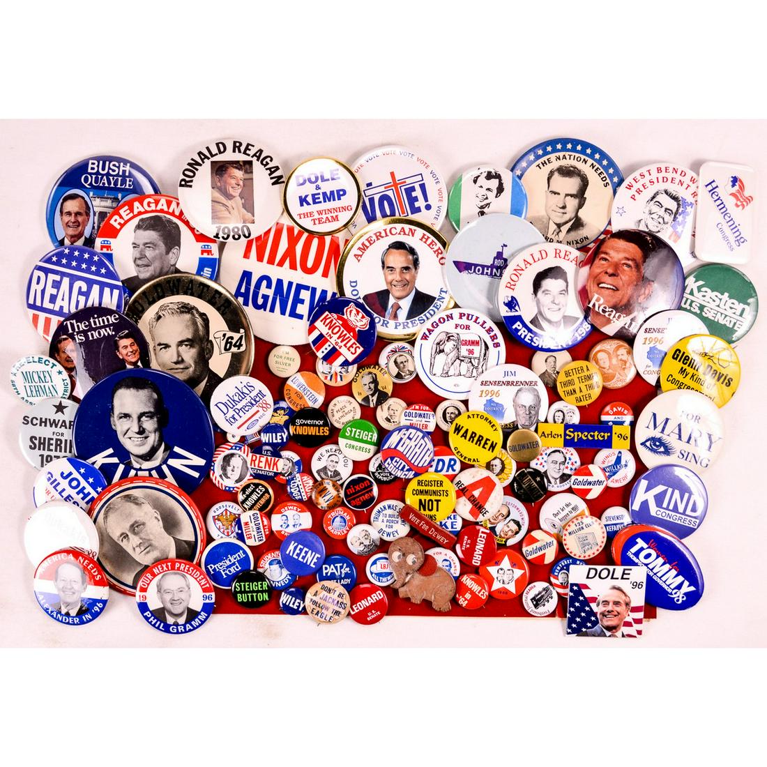 Lot of Political Buttons: Lot of various political campaign buttons from the mid 20th century including Ronald Regan, Franklin D. Roosevelt, Kennedy and more. All are in good condition. Sizes and shapes vary. See photos.