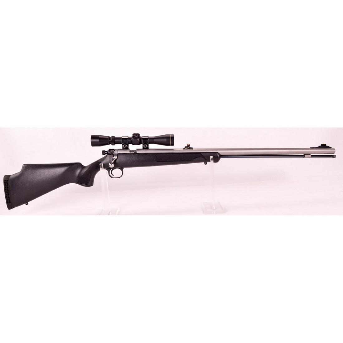 Knight .50 Caliber Black Powder Rifle (M*): A bolt action ..50 caliber black powder rifle by Knight. Rifle has 25" stainless steel barrel with iron sights and is fitted with a Leupold 2-7x scope with Weaver rings and clear optics. Stainless bar