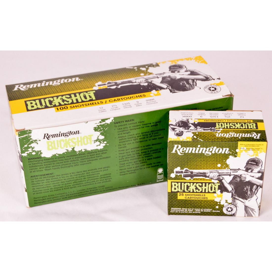 100 Rounds of Remington 12 Gauge Shotgun Ammo: 100 rounds of Remington 12 gauge shotgun ammo. Buckshot 00BK with 9 pellets. New in box.