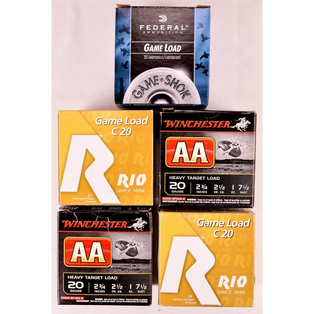 125 Rounds of 20 Gauge Shotgun Shell Ammo: Lot contains 3 25 shell boxes of AA, Federal Game, and Rio #7-1/2, a 25 shell box of AA/Remington 1 OZX#7-1/2 & #6, a 25 shell box with 23 Rio 7/8 oz X#7 & 2 SX 1 OZX#7-1/2. Boxes have mixed makers of