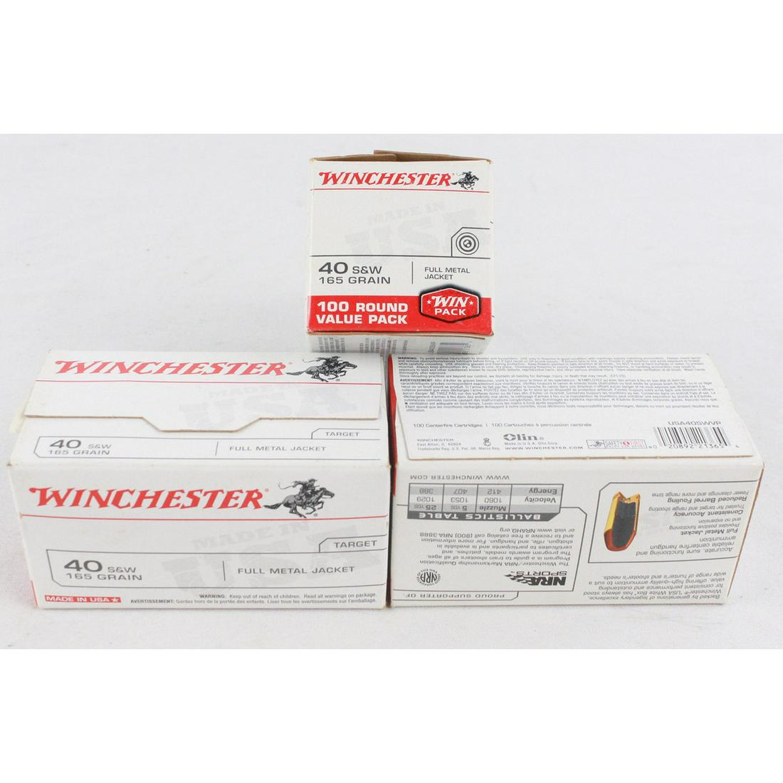 214 Rounds of 40 S&W Ammo: Approximately 214 rounds of 40 Smith and Wesson 165gr ammo, made by Winchester. Comes in 1 new box, 1 opened but full box, and one box that contains 14 rounds.