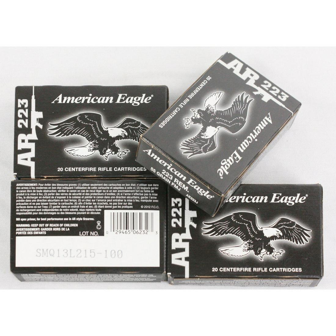 80 Rounds of American Eagle .223 Ammo: Lot contains 80 rounds in 4 20 round boxes of American Eagle AR223 55gr FMJ ammo. All boxes are full.