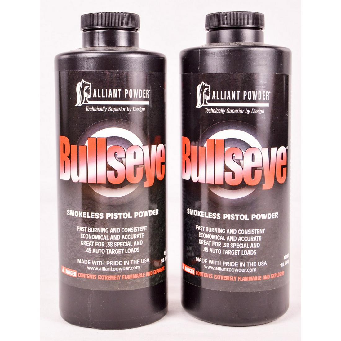 2 lbs Alliant Bullseye Smokeless Gun Powder: Lot contains 2 1 lb. containers of Alliant Bullseye smokeless pistol powder. Both containers are unopened. No shipping on powder, local pickup only.