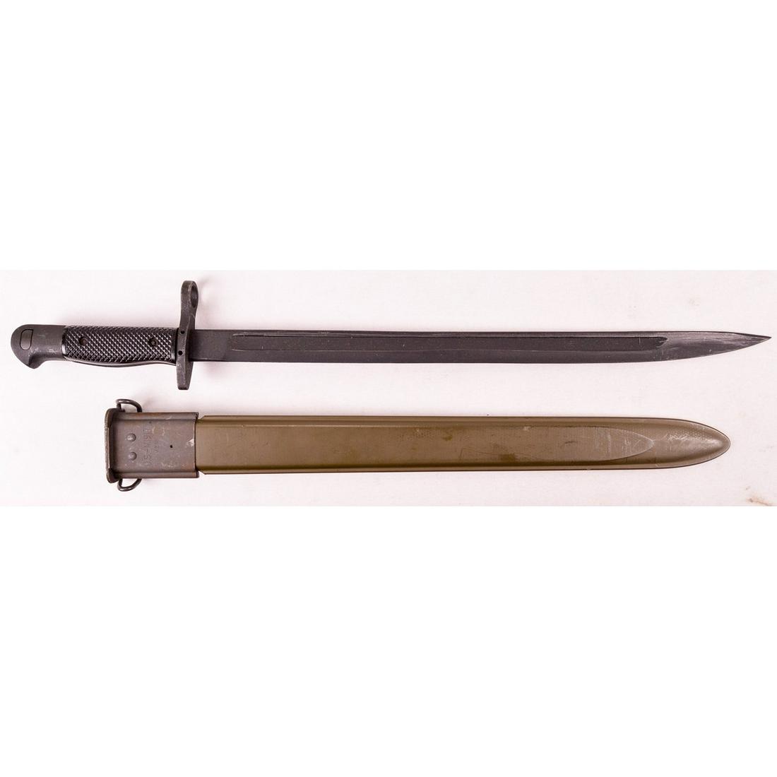 Vietnam Era US M1917 Bayonet and Scabbard: Vietnam War US m1917 bayonet with M1917 scabbard marked VZM. Used by US troops, mostly for trench guns. Dated 1965. Bayonet hand guard is marked "US M1917 Gen Cut" with eagle stamp on guard. Locking b