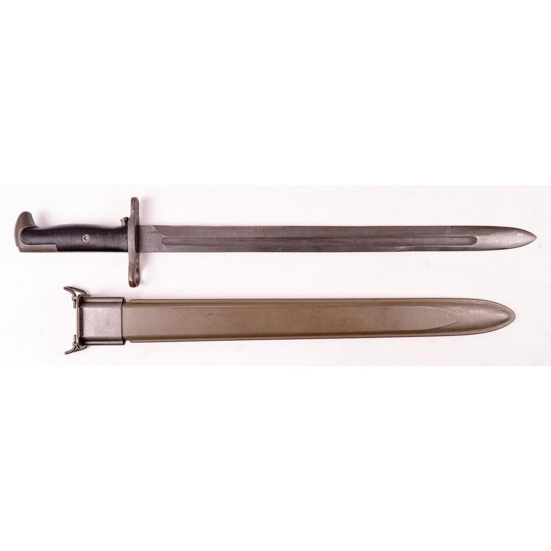 WWII US 1905 PAL Bayonet and M3 Scabbard: WWII US 1905 bayonet and M3 scabbard. Bayonet ricasso marked "PAL", "U S" with flaming bomb, and 1943. Uncommon 16 inch blade has a couple of small chips on the edge from use but retains the edge and 