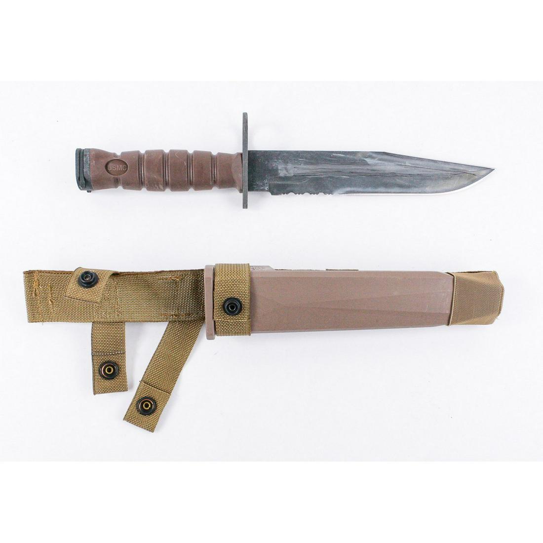 US OKC-3S Bayonet with Plastic Scabbard: US OKC-3S bayonet with plastic scabbard. More modern version of the M10 bayonet for M16 rifles. Ricasso of the knife is marked "Combat USMC" on one side and "CKC 3S Ontario Knife Co." Knife is in like