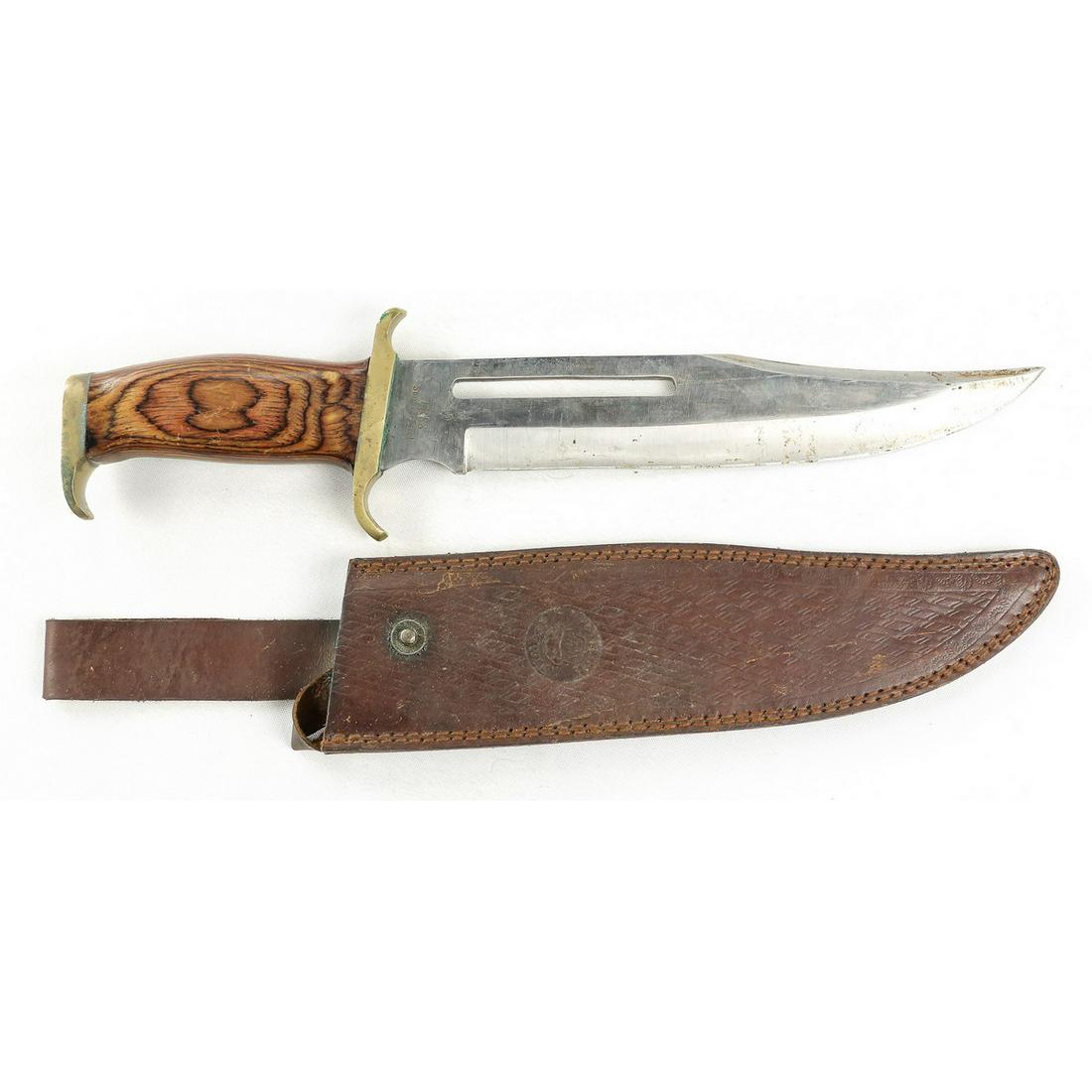 "Timber Rattler" Custom Knife: TR88 surgical steel 10.5" blade. Brass guard and pommel. Leather sheath. Made in Pakistan. See photos.