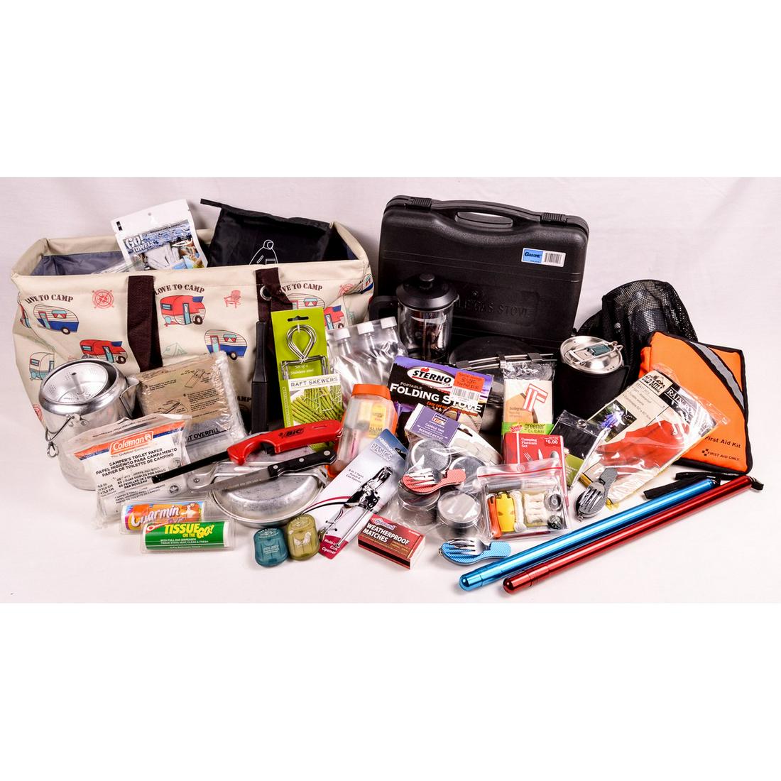 Starting Kit for Camping: Starter’s camping kit that comes with a variety of items new campers will enjoy. Kit contains first aid kit, rain ponchos, marshmallow skewers, mess kits, camping silverware, camping toilet paper an