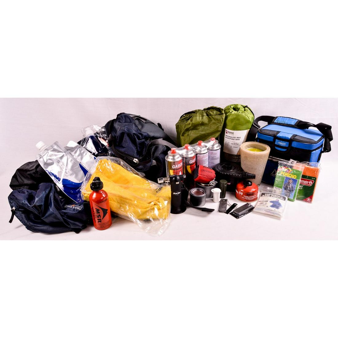 Starting Kit for Camping: Starter’s camping kit that comes with a variety of items new campers will enjoy. Kit contains single person tent, light sleeping bag rated for 45-degrees, Gasone butane fuel cans, water containers, 