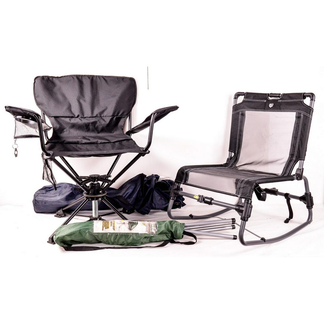 Lot of 4 Camping Chairs: Lot contains 2 camping chairs, a foldable rocking chair, and a Revolve portable swivel chair. All pieces are in excellent condition. See photos.