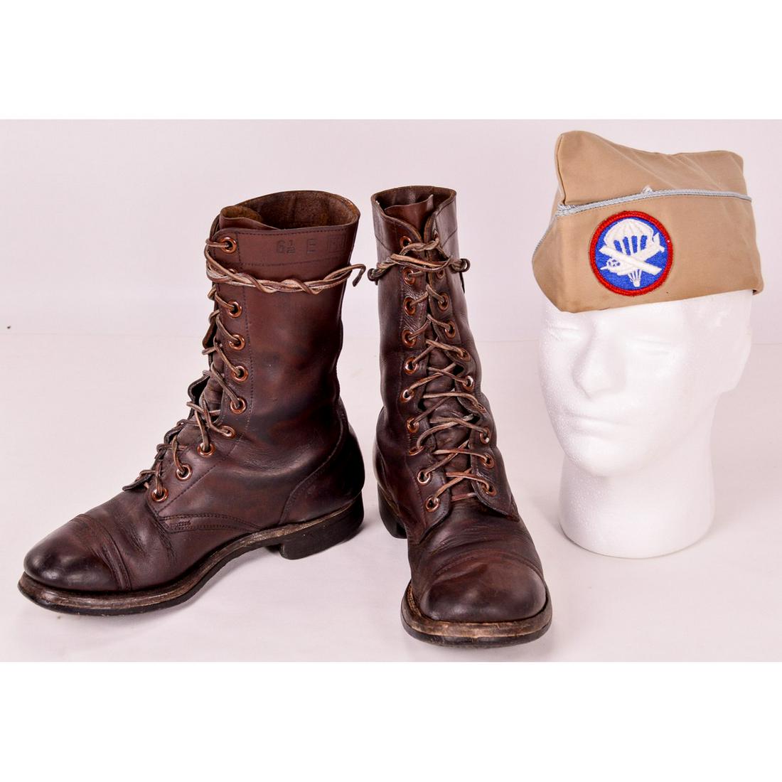 WWII Paratrooper Boots and Overseas Cap: This lot contains one pair of WWII Paratrooper Boots and one Overseas Cap. The boots are in good used condition as is the hat. Boots are a size 7. See photos.