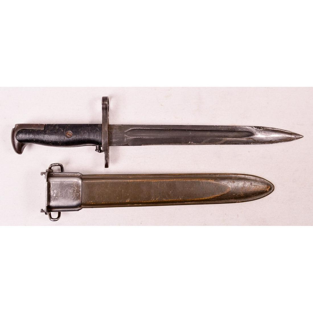 WWII US 10" M1 Garand Bayonet: WWII US 10" M1 Garand bayonet. UFH marked and comes with scabbard. Blade has been re-sharpened. Good condition, see photos.